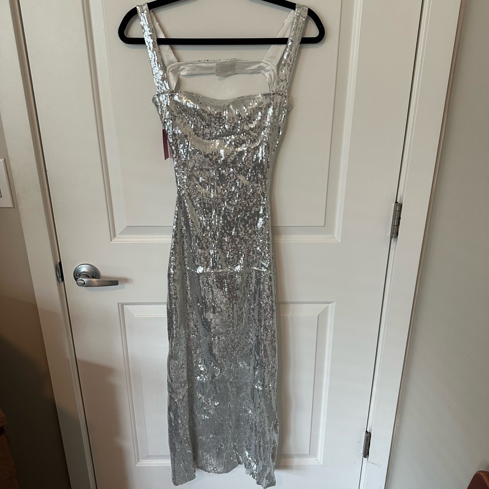 Formal Silver Sequin Backless Evening Gown, Women’s Small and XS